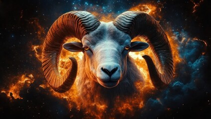Close-up of a majestic ram with large curved horns surrounded by fiery orange and blue cosmic clouds, evoking a powerful and mystical atmosphere