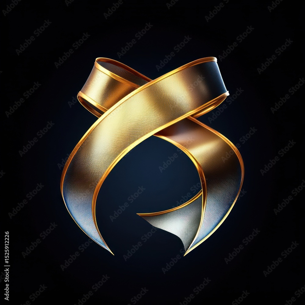 Poster elegant metallic ribbon twisted in a smooth loop with gold and silver gradient glowing softly agains