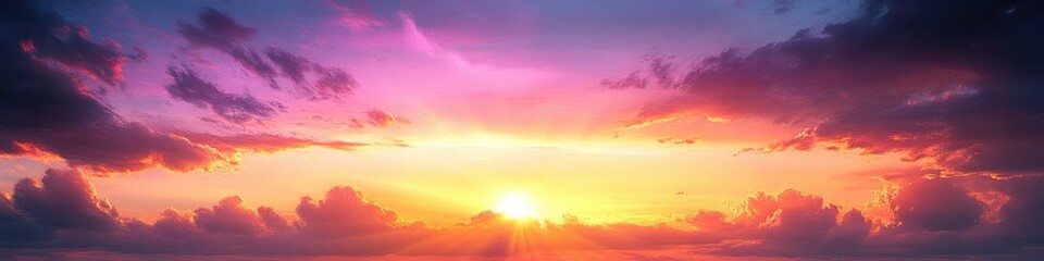 Fototapeta premium Vibrant sunset with sun rays breaking through colorful purple and orange clouds over a distant horizon