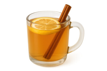 Steaming glass mug with lemon slice, cinnamon sticks, warm beverage against transparent backdrop