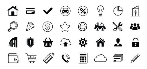 A collection of clean and minimalist black and white icon illustrations for various themes and concepts.