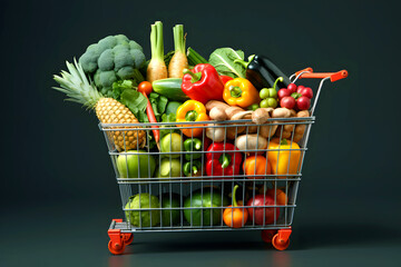 Fresh produce filled shopping cart showcasing a vibrant variety of fruits and vegetables in a studio setting