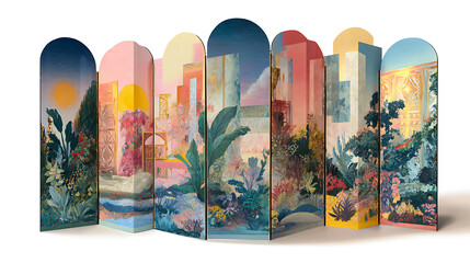 Vibrant decorative folding screens with floral art.