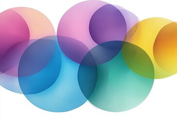 Fototapeta premium Overlapping translucent colorful circles creating abstract blend of purple, blue, green, and yellow tones conveying a sense of harmony and fluidity