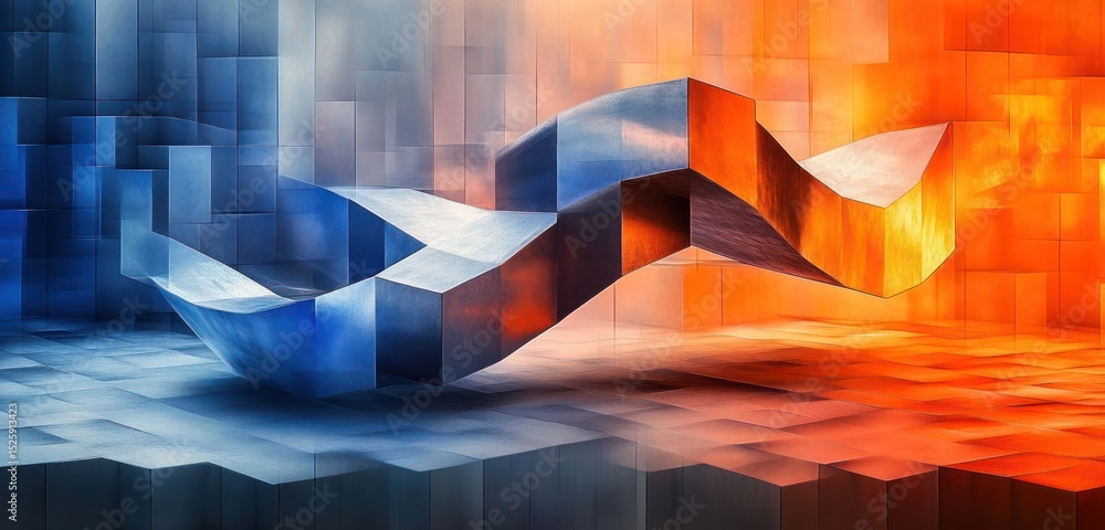 Poster abstract digital sculpture with intertwined blue and orange waves creating dynamic geometric shapes 