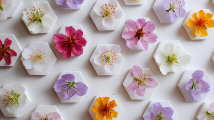 Vibrant flowers arranged on a white background.