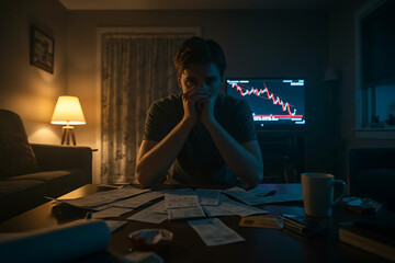 Financial stress crisis with businessman overwhelmed by stock losses in dark home office, reflecting economic recession and emotional pressure for personal finance managemen