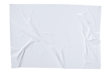 Blank white crumpled paper poster texture background. White paper wrinkled poster template isolated on transparent background.
