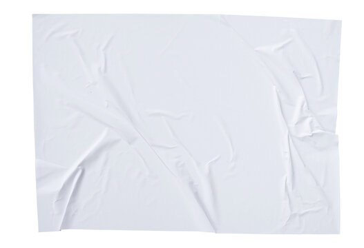 Blank white crumpled paper poster texture background. White paper wrinkled poster template isolated on transparent background.