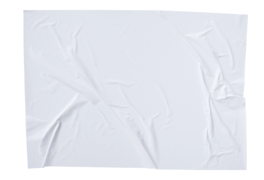 Blank white crumpled paper poster texture background. White paper wrinkled poster template isolated on transparent background.