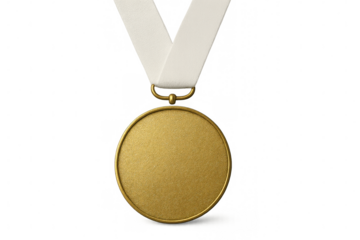 Golden olympic medal suspended by white lanyard, symbolizing victory and professional accomplishment