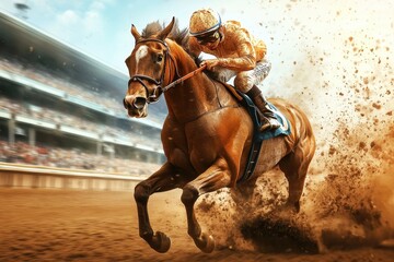 Fototapeta premium Male jockey riding a powerful horse during an exciting horse race on a sunny day at the racetrack, Male jockey during a horse race rides his horse at stadium