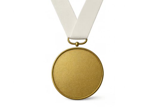 Golden olympic medal suspended by white lanyard, symbolizing victory and professional accomplishment