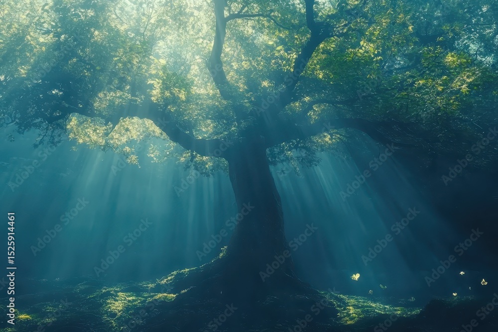 Poster misty dark woods with sunlight filtering through trees creating a serene atmosphere, moving under tr