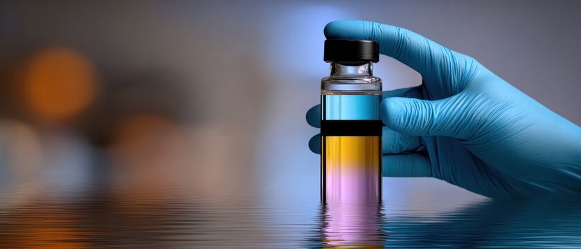 Laboratory worker holding a vial with layered liquids