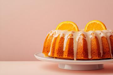 orange cake on a wooden tablee and beige color background with empty space for advertising