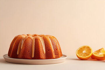 orange cake on a wooden tablee and beige color background with empty space for advertising