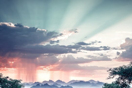 Dramatic sunset with rain