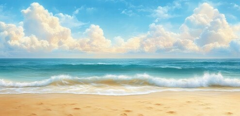 Fototapeta premium Serene and expansive beach scene with gentle waves crashing onto golden sandy shore under a bright sky filled with fluffy clouds