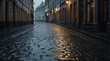 Fototapeta premium Wet cobblestone street reflecting city lights in a vintage european urban environment at dusk