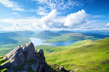 
Views of Ben More Coigach, Loch Lurgainn and Loch Bad a Ghaill from the summit of Stac Pollaidh in the Scottish Highlands on a sunny summers day in the UK

