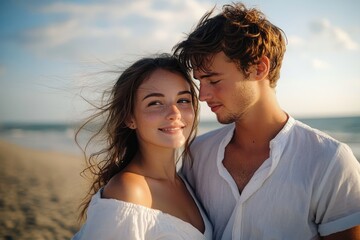 Young couple embracing on a beach with gentle wind, smiling woman and man looking at her affectionately during golden hour