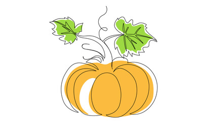 Autumn pumpkin Squash Vegetable Continuous Line Drawing.Halloween and Thanksgiving greeting card in simple linear style.
