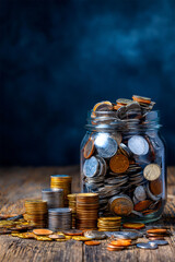 A stunning close-up image showcases an overflowing jar filled with various coins, surrounded by neatly stacked coins on a rustic wooden surface, creating an elegant display of wealth.