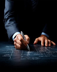 A sophisticated individual inscribes detailed plans on a dark surface, showcasing creativity and strategy in action.