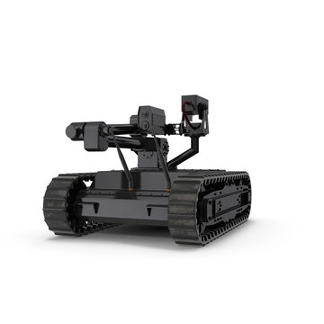 Black Military Bomb Disposal Robot with Tracks Isolated on Transparent Background