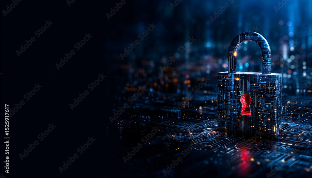 Aufkleber a striking representation of digital security featuring a futuristic lock illuminated against a dark