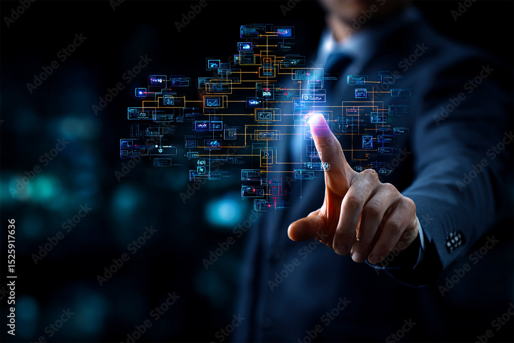Aufkleber a businessman interacts with an advanced digital interface, depicting various data charts.