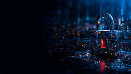 A striking representation of digital security featuring a futuristic lock illuminated against a dark backdrop, symbolizing the importance of cybersecurity in an interconnected world.