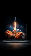 A stunning visual representation of a rocket launching from a laptop screen, merging technological creativity with the vastness of space, inspiring innovation and exploration in the digital age.