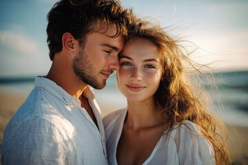 Fototapeta premium Young couple embracing tenderly on a beach at sunset with gentle smiles and wind softly blowing their hair