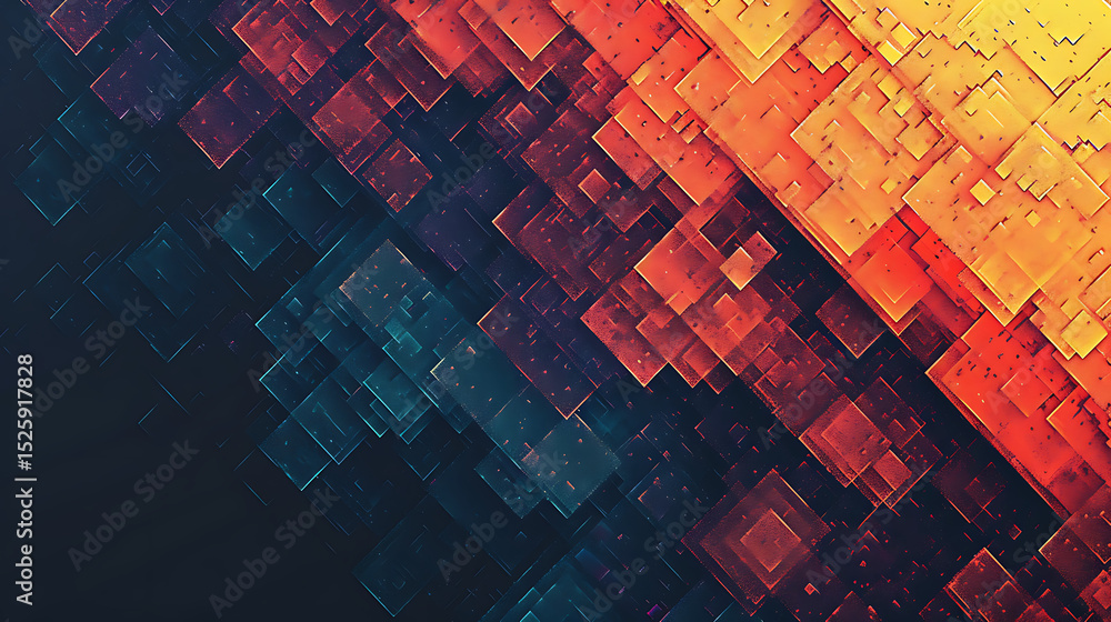 Poster abstract geometric pattern with overlapping squares in shades of orange and blue creates a modern an
