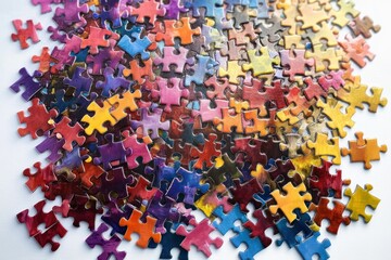 Close-up view of a scattered pile of colorful jigsaw puzzle pieces on a light surface