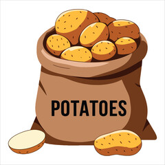 Burlap sack filled with raw potatoes vector illustration. Rustic farm produce artwork ideal for agricultural packaging and organic food market designs.