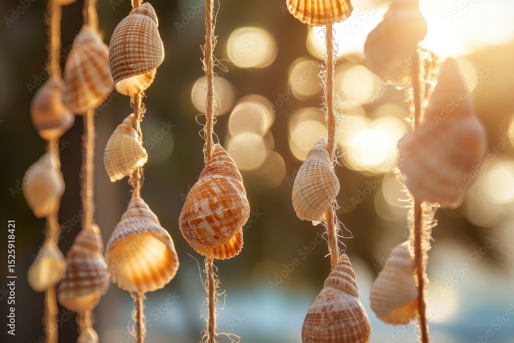 Poster sunlit seashells strung on twine create a charming coastal decor with bokeh background, sunlit seash