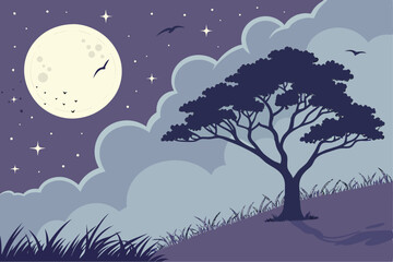 Nighttime Landscape with Full Moon and Clouds serene illustration landscape night featuring full moon clouds trees hill night landscape moonlit scene full moon clouds trees