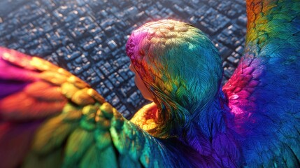 Obraz premium Colorful feathered wings against a city backdrop.