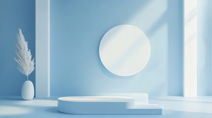 3D white geometric forms. Box podium in blue color. Minimal scene for product display.