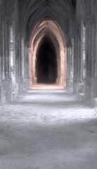 Obraz premium A long, shadowy cathedral aisle