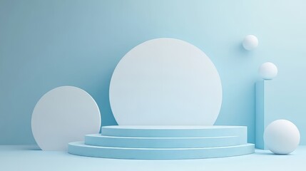 3D white geometric forms. Box podium in blue color. Minimal scene for product display.