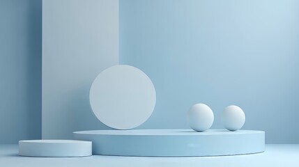 3D white geometric forms. Box podium in blue color. Minimal scene for product display.