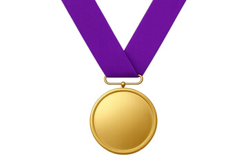 Gold medal gleaming, purple ribbon flowing, symbolizing triumph against transparent backdrop