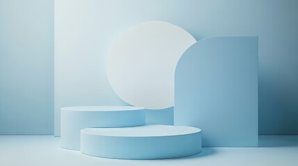 3D white geometric forms. Box podium in blue color. Minimal scene for product display.