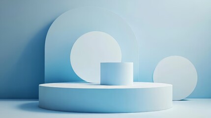 3D white geometric forms. Box podium in blue color. Minimal scene for product display.