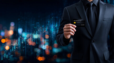 A businessman in a sleek suit showcases a credit card against a vibrant, abstract background, emphasizing the intersection of finance and technology in modern business practices.
