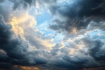 Obraz premium Dramatic sky filled with thick dark and light clouds partially revealing blue sky with warm sunlight peeking through at horizon